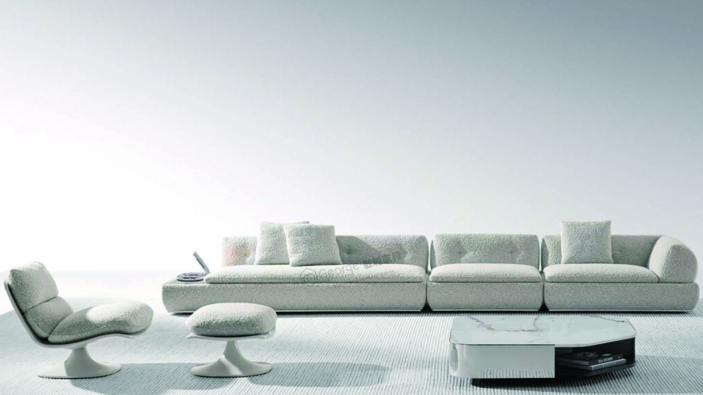 Sectional fabric sofa with the seat cushions and marble or wood tops