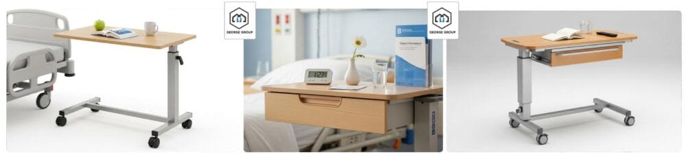 Adjustable Swivel Overbed Table with Storage Drawers Wheels
