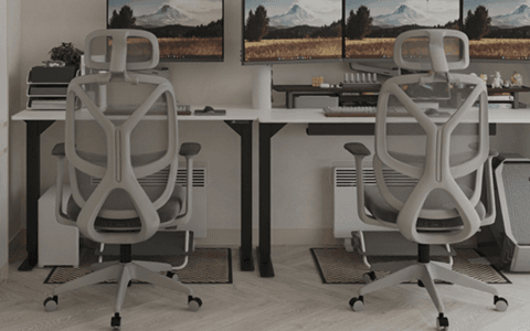 a dual gaming desk setup with comfortable ergonomic chairs