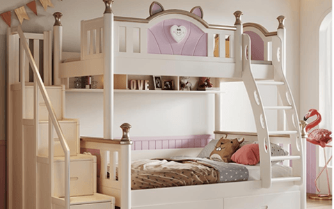 a stylish children bunk bed with stairs and storage