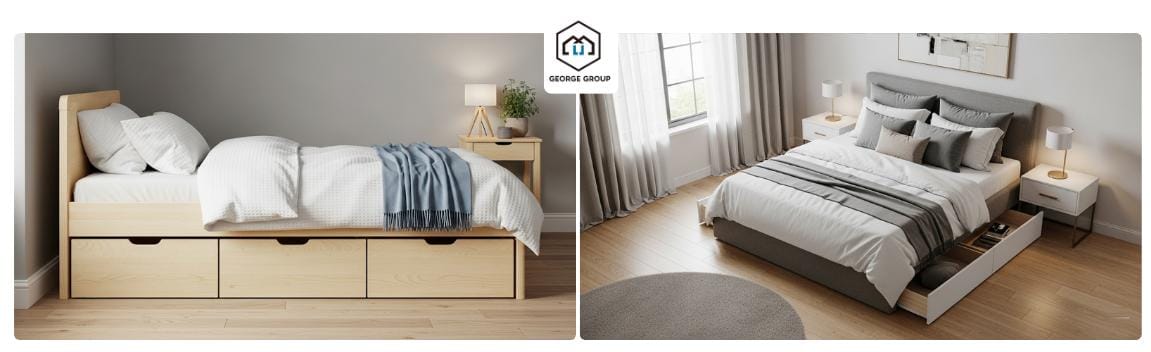 a wood twin bed and a gray upholstered full bed