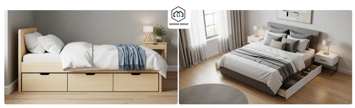 a wood twin bed and a gray upholstered full bed