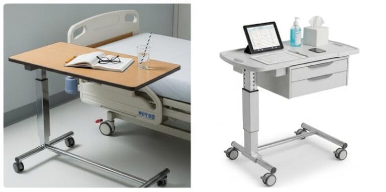 custom hospital furniture overbed table with wheel and drawer