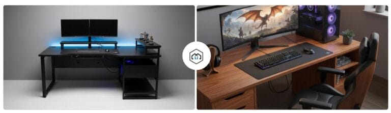 gaming desks a black one with a monitor riser and a wooden one with drawers