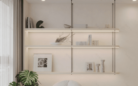 minimalist floating shelves with LED lighting