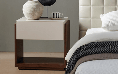 nightstand with a white drawer on a wood base