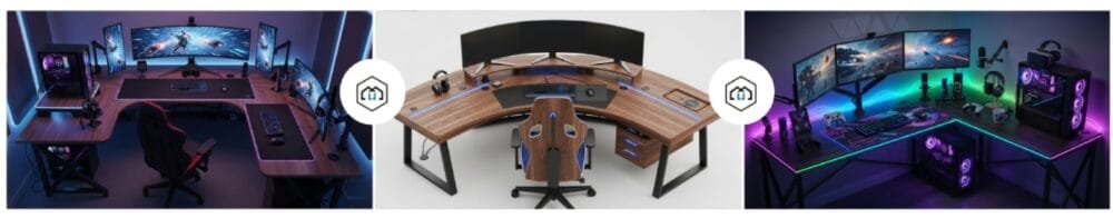three different U-shaped gaming desks each with a multi-monitor setup and ambient lighting