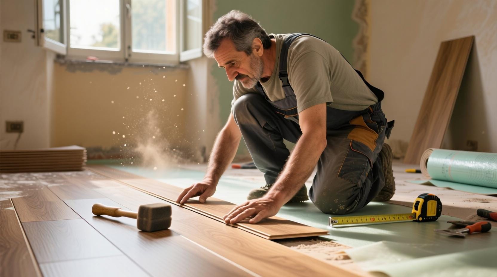 A handyman installs laminate flooring without mistakes, using a mallet and tape measure