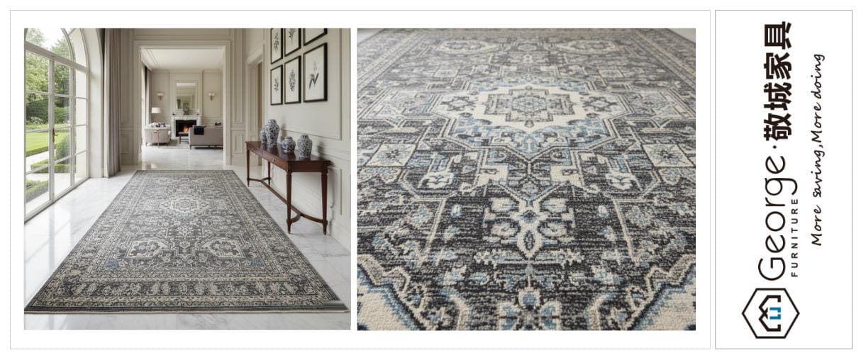 A high-traffic hallway with a grey and blue patterned rug