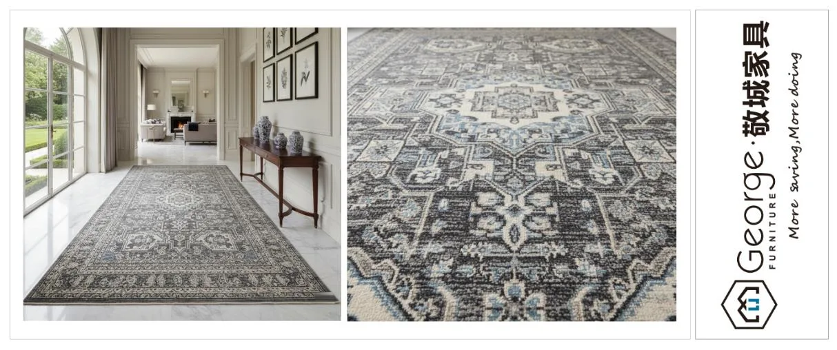 A high-traffic hallway with a grey and blue patterned rug