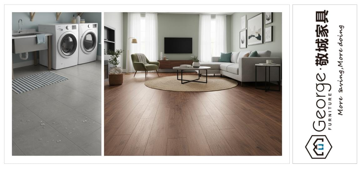 Flooring for a laundry room and plank flooring in a living room