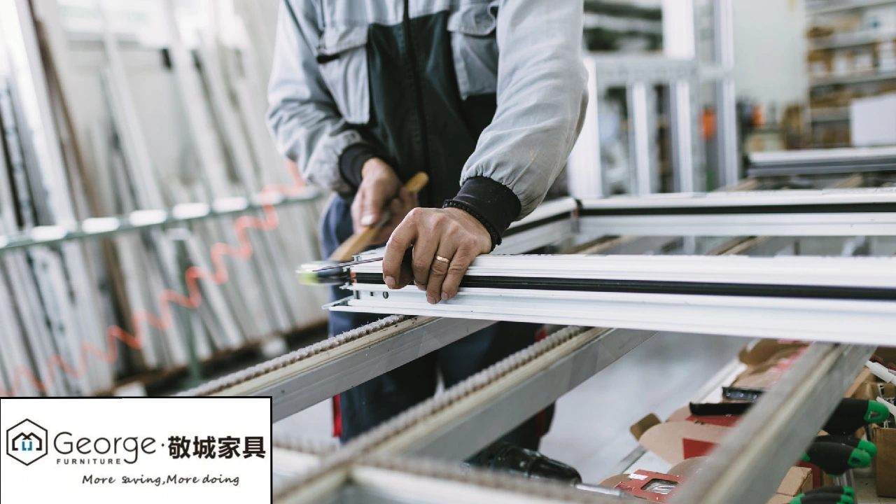 A worker carefully measuring and assembling a metal frame on a production line in a manufacturing workshop