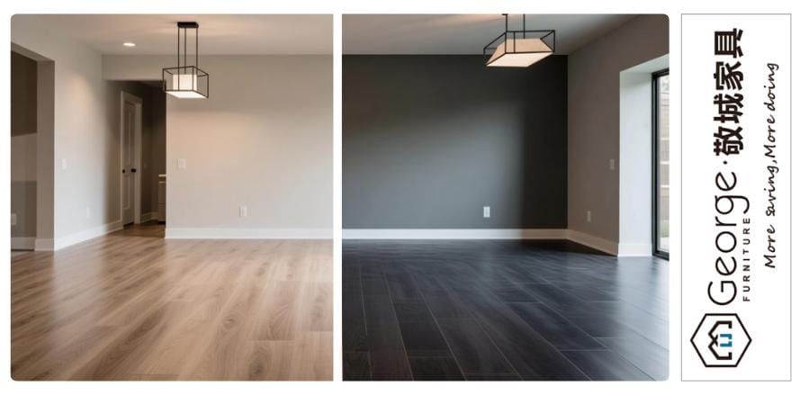 A visual comparison between light laminate flooring and dark, possibly linoleum, in two empty rooms