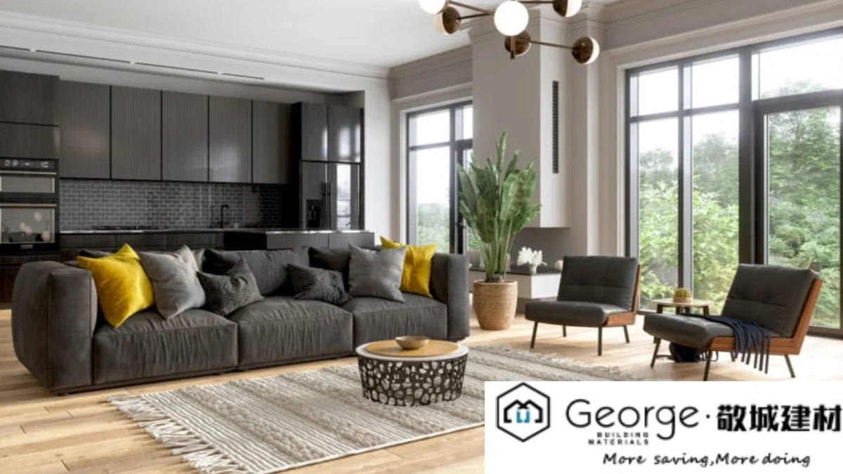 Stylish living space featuring light wood flooring with rich dark furniture pieces that create contrast and elegance