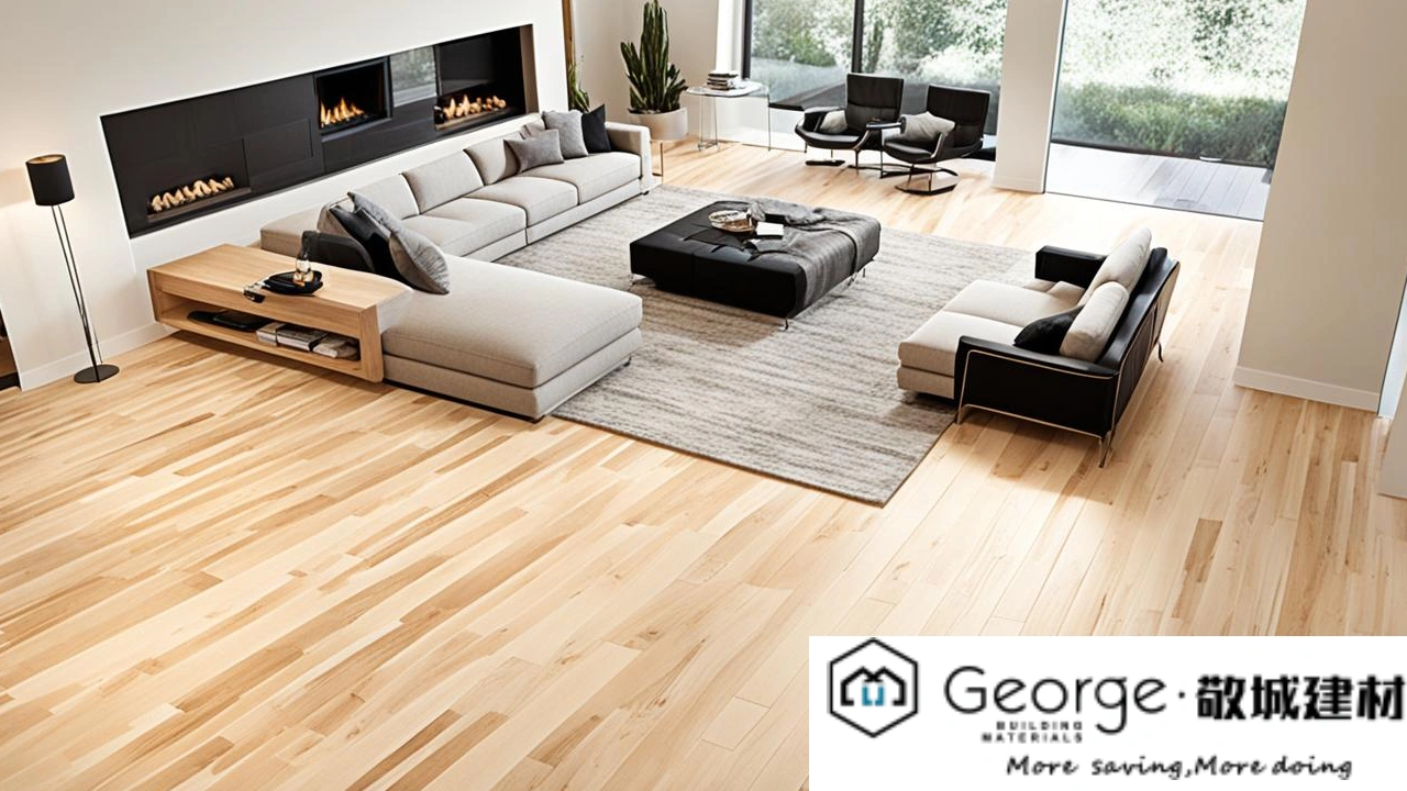 Bright living room with light wood flooring and dark furniture including a walnut coffee table and charcoal sofa.