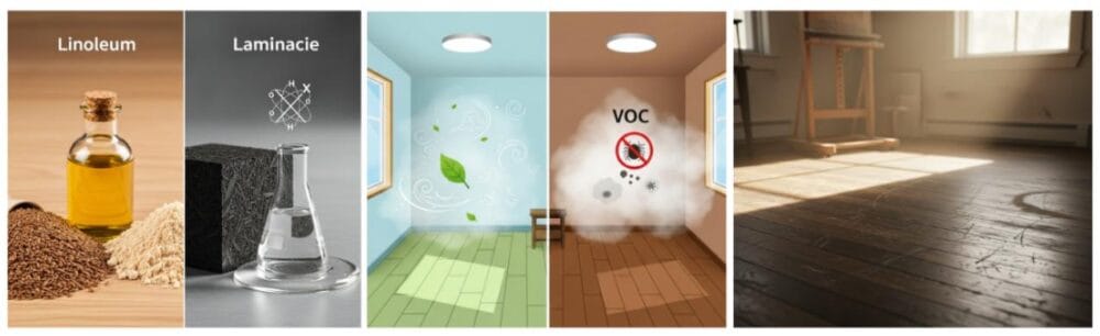 Linoleum is eco-friendly and has no VOCs, while laminate is cheaper but less sustainable and can emit VOCs.