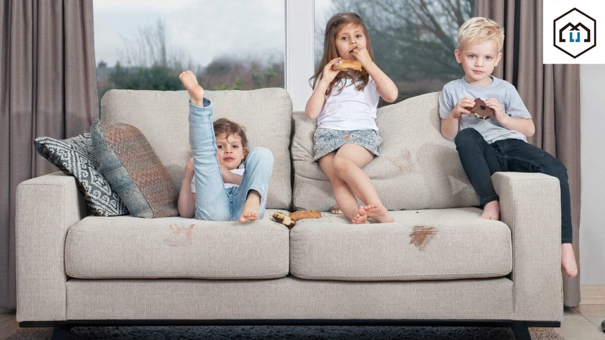 A stain-resistant sofa covered in kids and food stains