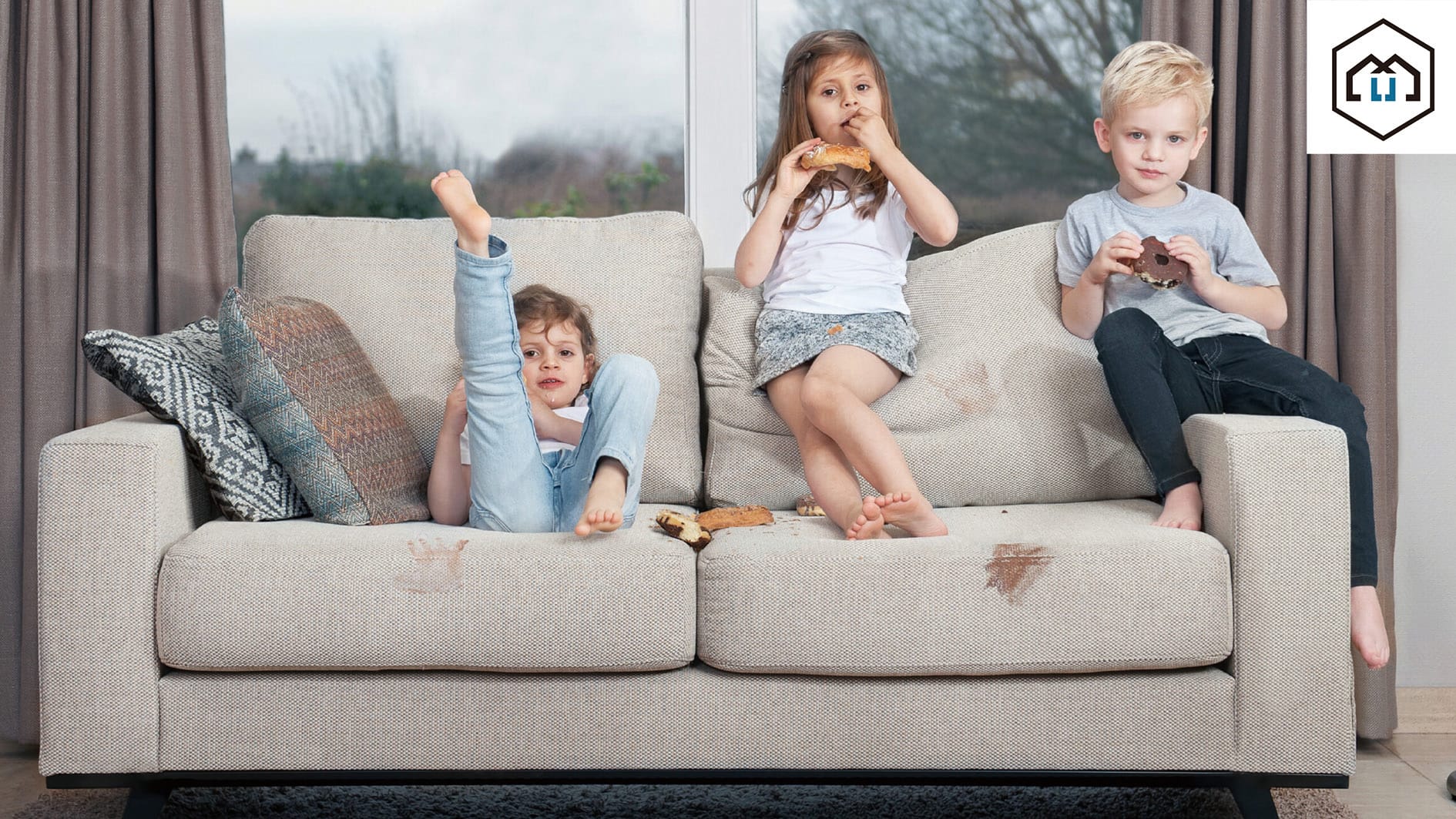 A stain-resistant sofa covered in kids and food stains