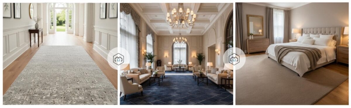 three rooms with different carpet colors for high-traffic areas, including a light beige runner, a patterned dark blue carpet, and a medium beige carpet