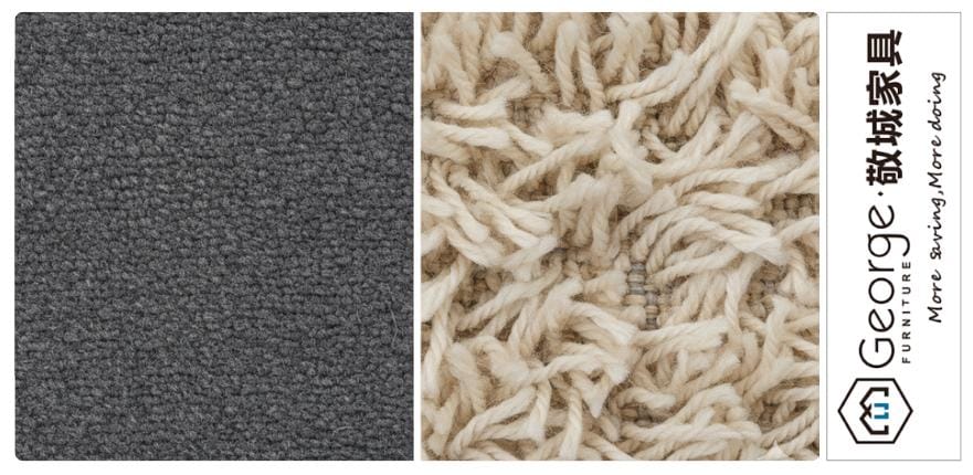 Carpet materials that resist stains and moisture, with examples of loop and shag pile.