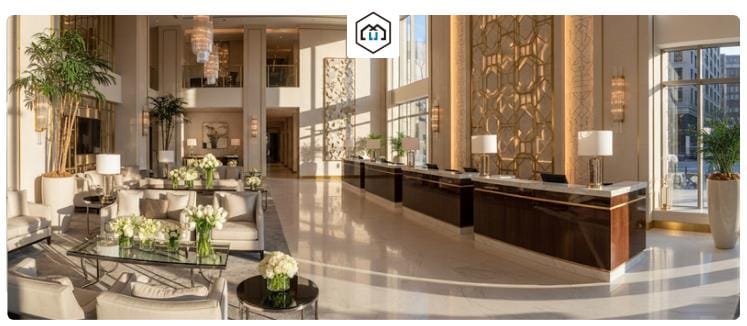 A stunning luxury hotel lobby featuring elegant, custom-made furniture and sophisticated decor.
