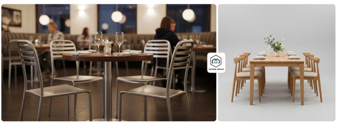 Two types of dining sets: modern metal for commercial use, and classic wooden for homes.