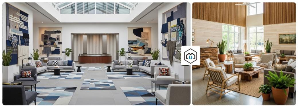 Stylish reception lobby furniture, featuring modern sofas and armchairs, perfect for welcoming guests.