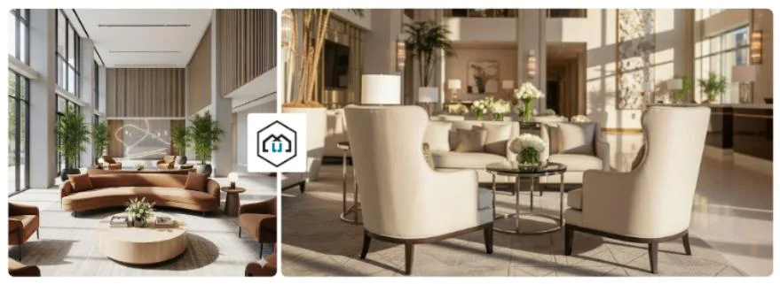 hotel lobbies featuring stylish armchairs and sofas, highlighting luxurious comfort