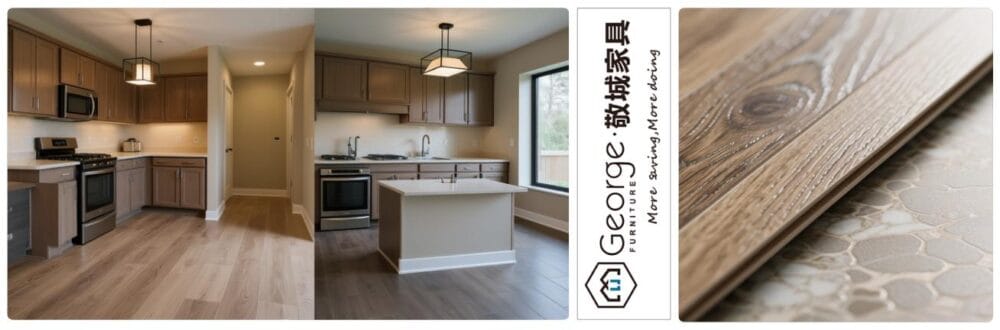 A kitchen with wood-look linoleum flooring, suitable for humid environments like kitchens and bathrooms.