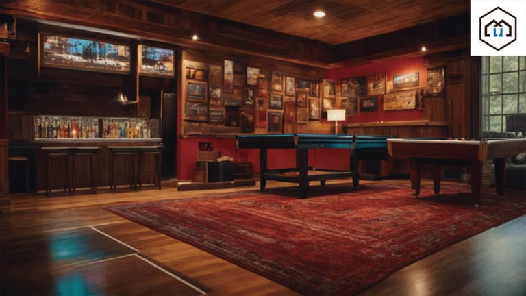 A large pool room with wood paneling, a bar, and man cave flooring