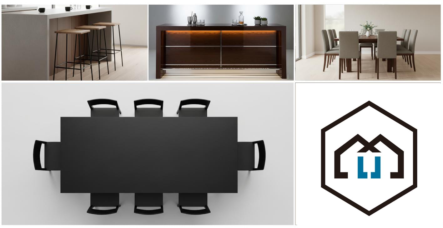 Contemporary restaurant and bar furniture including dining sets, a bar, and stools.