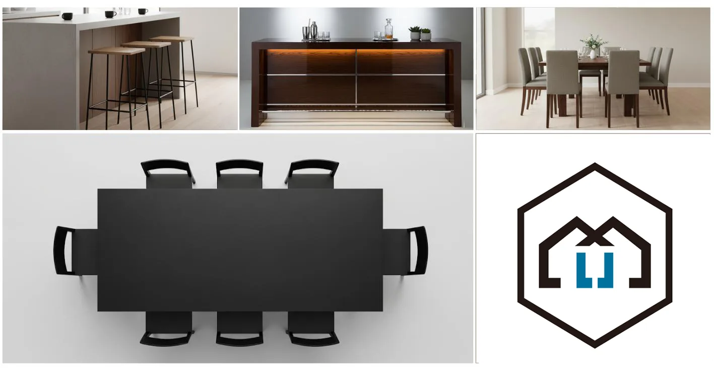 Contemporary restaurant and bar furniture including dining sets, a bar, and stools.