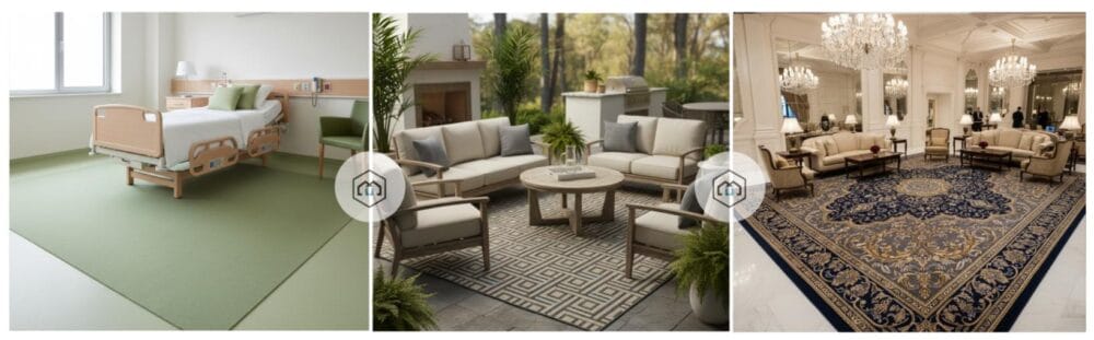 Woven vinyl carpets for various settings, including a hospital, an outdoor patio, and a hotel lobby