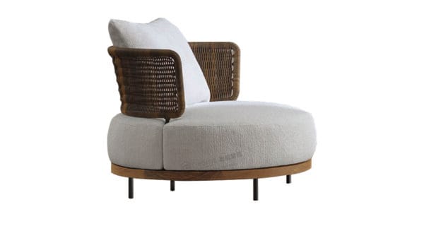 Modern, single-seater outdoor lounge chair with rattan and solid wood accents