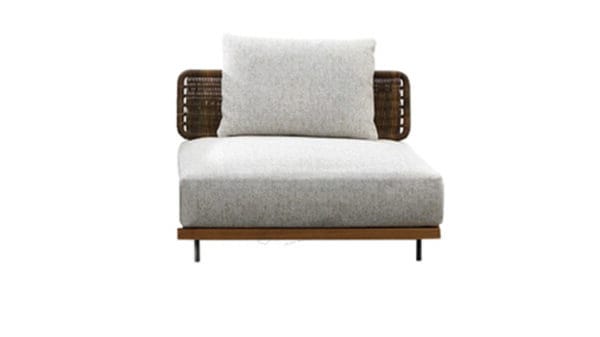 Modern, single-seater outdoor lounge chair with rattan and solid wood accents