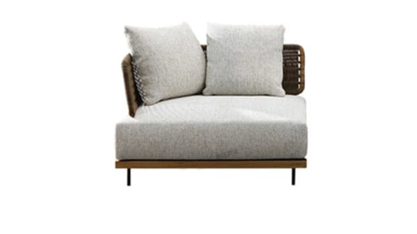 Modern, single-seater outdoor lounge chair with rattan and solid wood accents