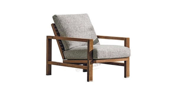 outdoor lounge chair with wooden frame and fabric cushions