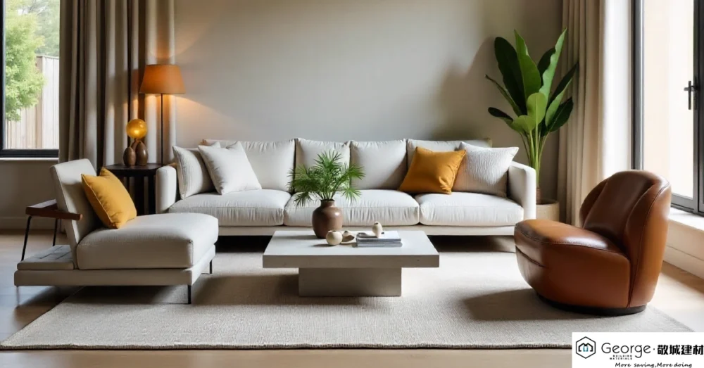A modern brutalist living room with a concrete coffee table, steel furniture, soft textures, and green plants for warmth.