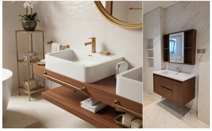 An elegant composition of modern sinks contrasting with a more compact bathroom option