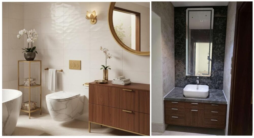 Detail of the marble sink with PVD taps and wall-hung marble toilet