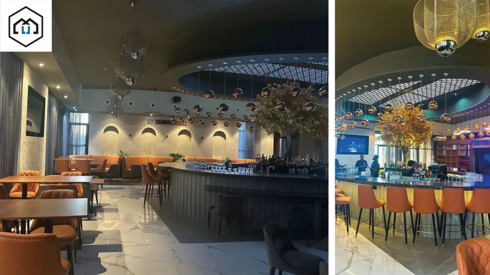 Elegant restaurant-bar with modern furnishings-bar-table set