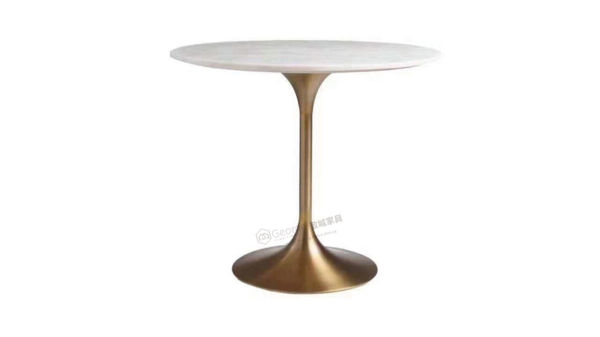 White faux marble round table with gold tulip base
