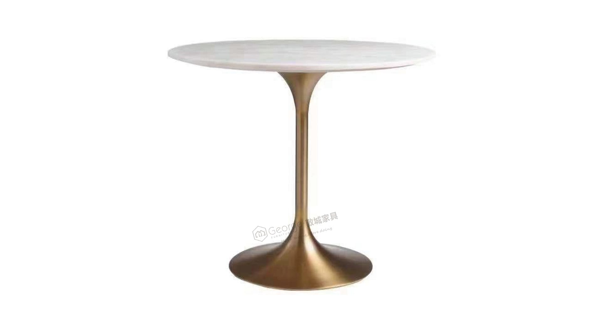 White faux marble round table with gold tulip base