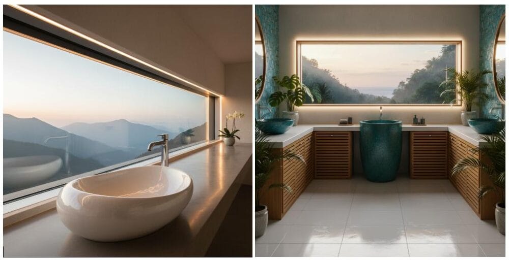 Modern elegance in two bathrooms with designer sinks and breathtaking panoramic windows