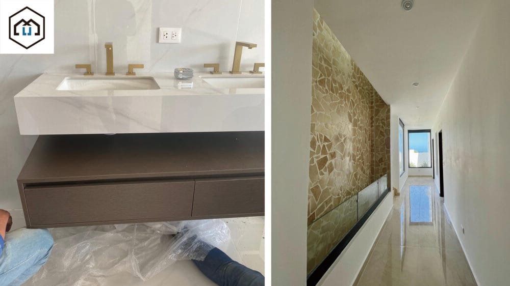 Precision in the installation of wall tiles and bathroom fixtures for the Domino Villa 2025 bathroom