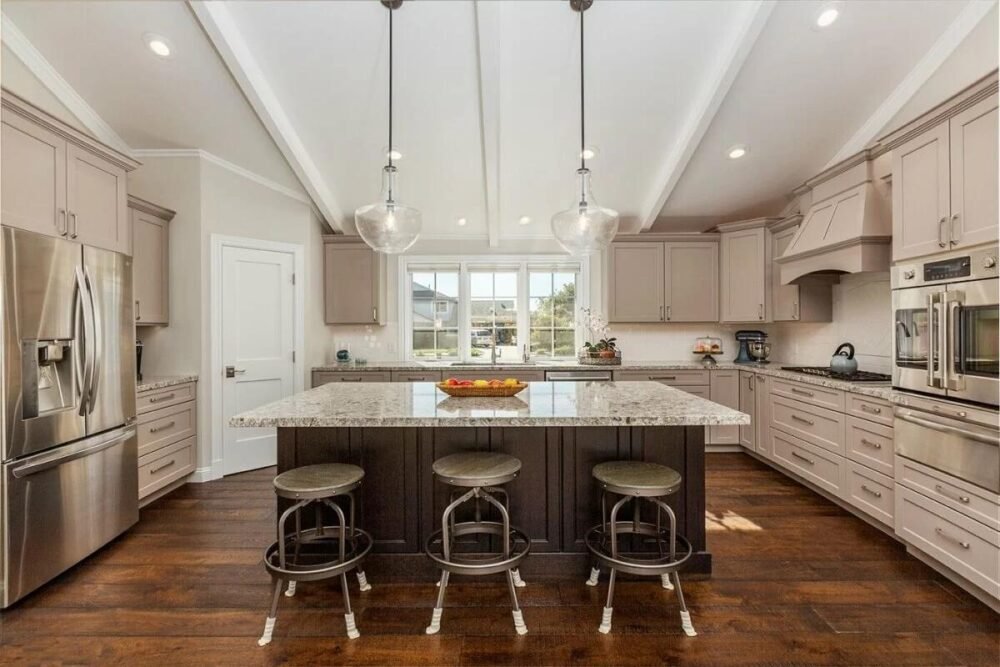 U Shaped Kitchen With Island Wooden Flooring