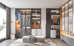 Contemporary Walk In Closet Glass Doors Led