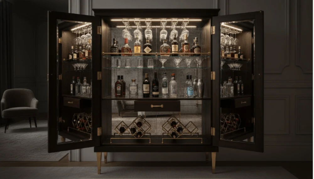 Luxury Bar Cabinet Dark Wood Brass Details