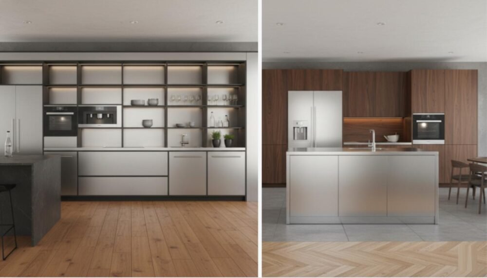 Stainless Steel Kitchen Wooden Flooring Design