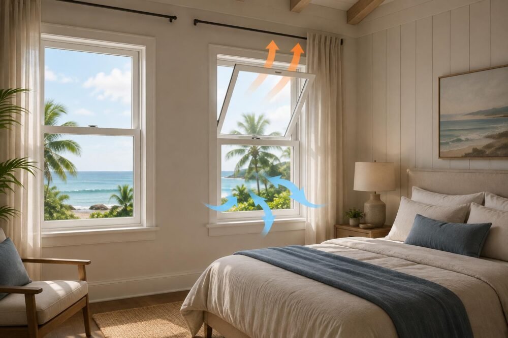 Coastal Bedroom Double Hung Windows Cross Ventilation